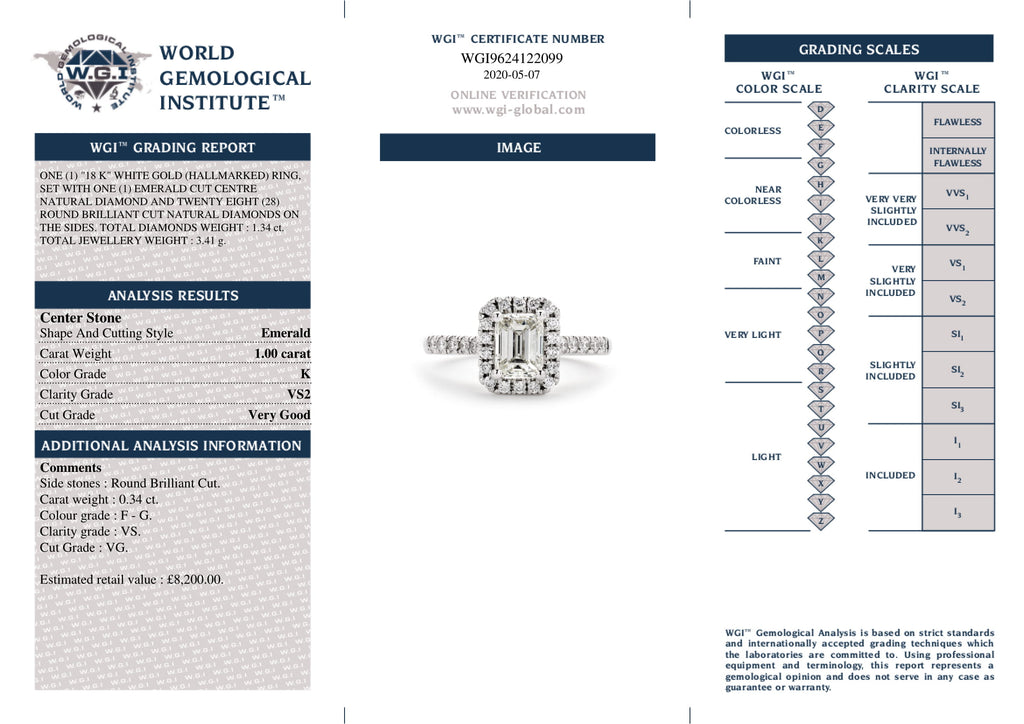 Emerald Cut Solitaire Diamond Ring 1ct K VS2 WGI 18K White Gold