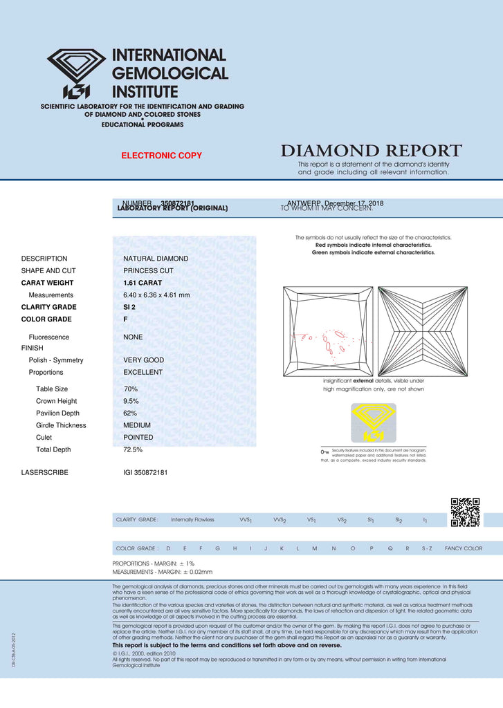 Princess Cut Solitaire Diamond Ring 1.61ct F SI2 IGI 18K White Gold