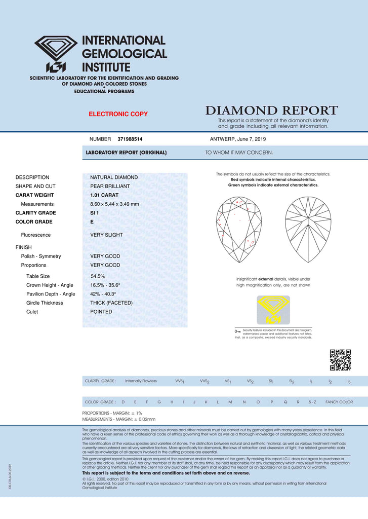 Pear-shape Solitaire Diamond Ring 1.01ct E SI1 IGI 18K White Gold