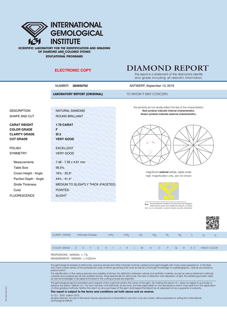 Round Brilliant Cut Solitaire Diamond Ring 1.7ct F SI2 WGI 18K White Gold