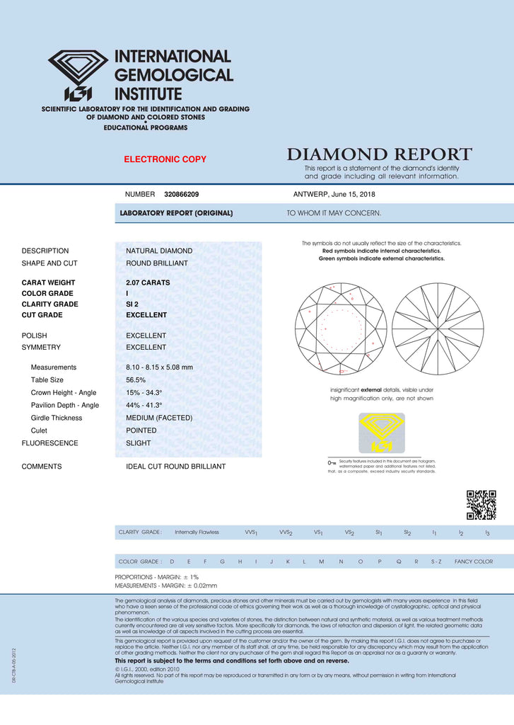 Round Brilliant Cut Solitaire Diamond Ring 2.07ct I SI2 IGI Platinum