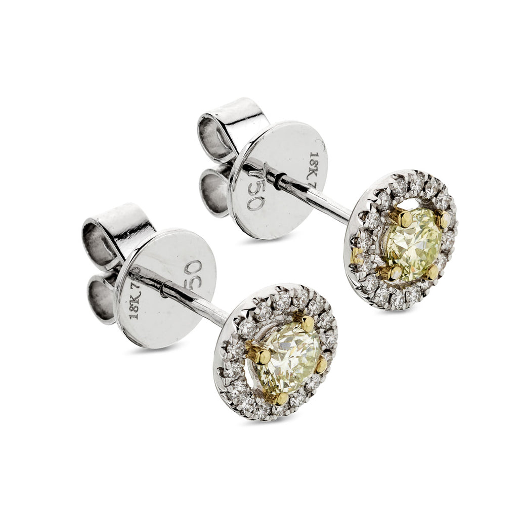 A pair of diamond halo Stud Earrings  0.48ct  NATURAL FANCY LIGHT YELLOW VS2 WGI 18K yellow and white gold