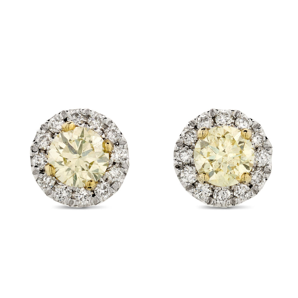 A pair of diamond halo Stud Earrings  0.58ct  NATURAL FANCY LIGHT YELLOW SI-VS WGI 18K yellow and white gold