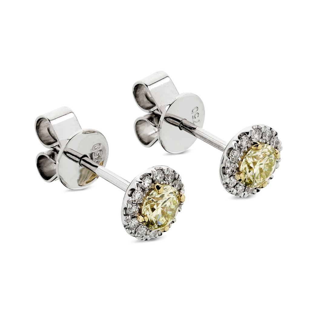 A pair of diamond halo Stud Earrings  0.49ct  NATURAL FANCY LIGHT YELLOW SI-VS WGI 18K yellow and white gold
