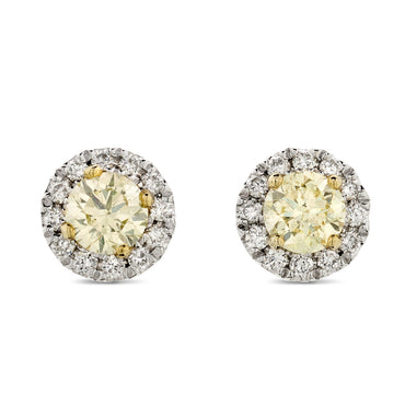 A pair of diamond halo Stud Earrings  0.48ct  NATURAL FANCY LIGHT YELLOW SI-VS WGI 18K yellow and white gold