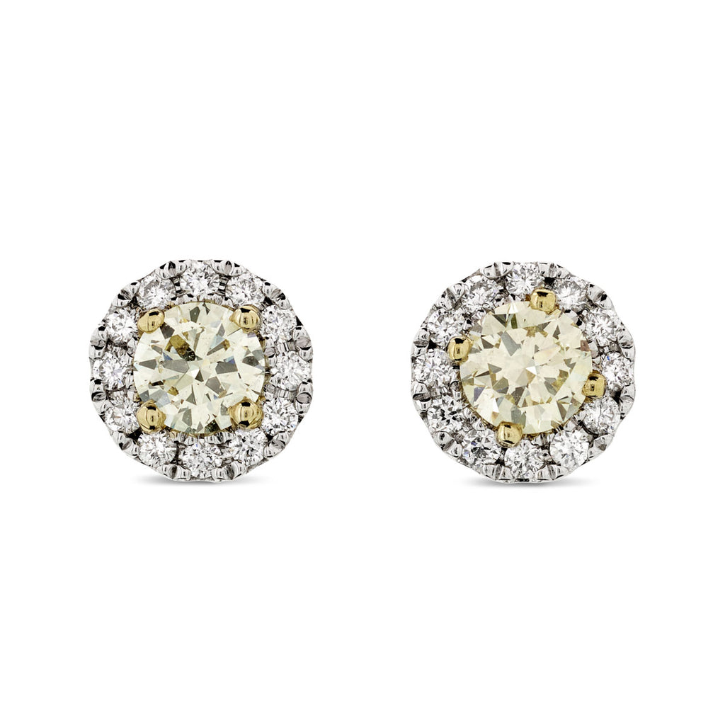 A pair of diamond halo Stud Earrings  0.48ct  NATURAL FANCY LIGHT YELLOW VS2 WGI 18K yellow and white gold
