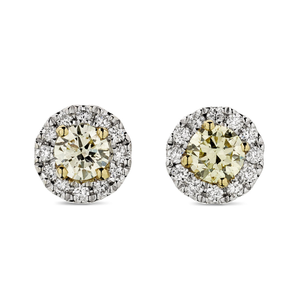 A pair of diamond halo Stud Earrings  0.49ct  NATURAL FANCY LIGHT YELLOW VS2 WGI 18K yellow and white gold