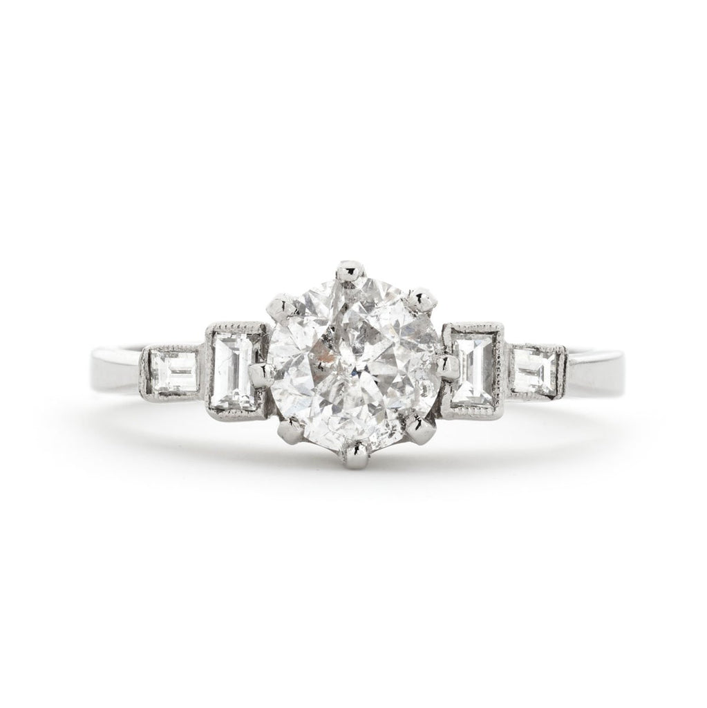 Art Deco Round Brilliant Cut Diamond 1.07ct F I1 WGI Platinum Engagement Ring