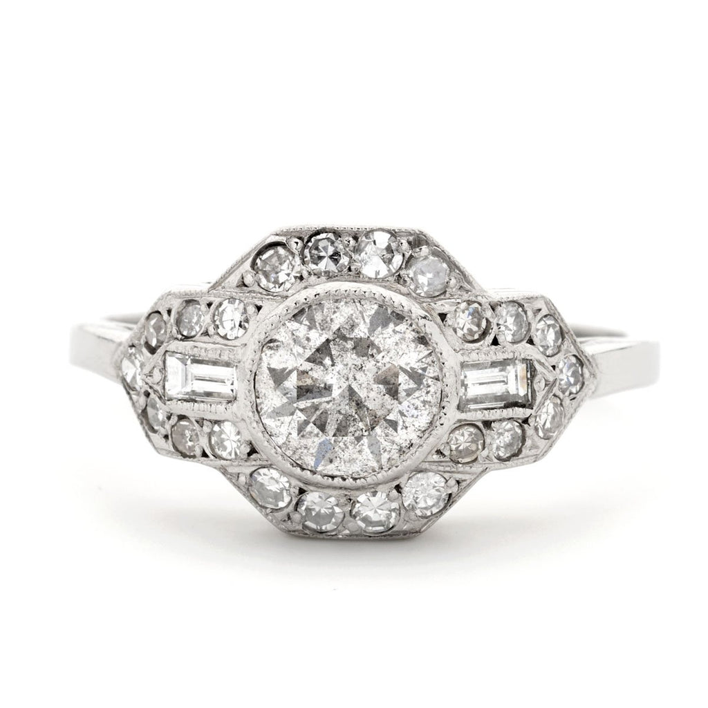 Art Deco Round Brilliant Cut Diamond 1.00ct E I1 WGI Platinum Ring