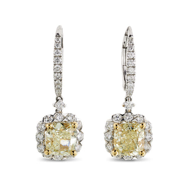 A pair of halo diamond Drop Earrings 2.49ct NATURAL FANCY YELLOW VS2-SI1 WGI 18K yellow and white gold