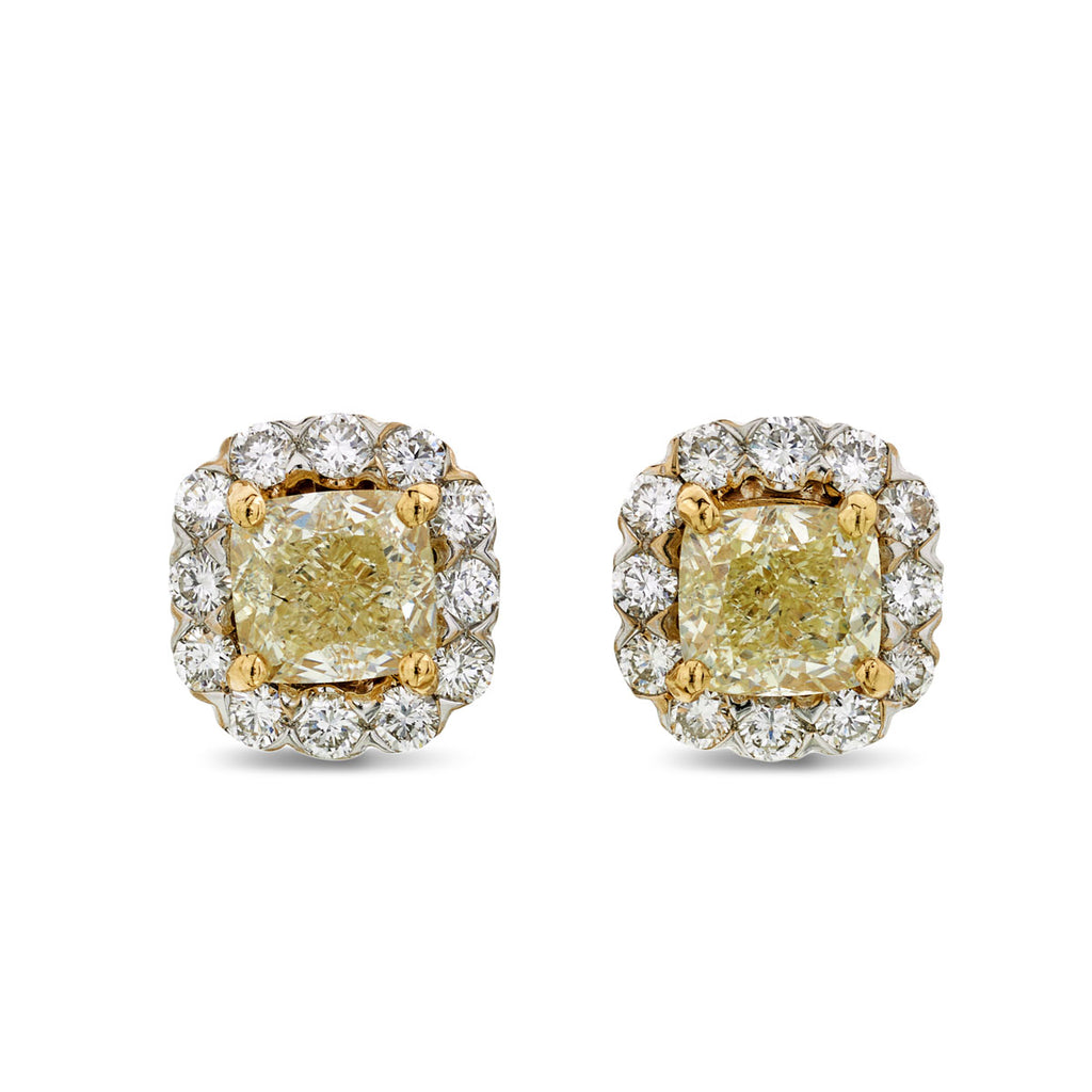 A pair of diamond cushion cut halo Stud Earrings 1.82CT NATURAL FANCY YELLOW SI2 WGI 18K white gold