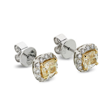 A pair of diamond cushion cut halo Stud Earrings 1.82CT NATURAL FANCY YELLOW SI2 WGI 18K white gold