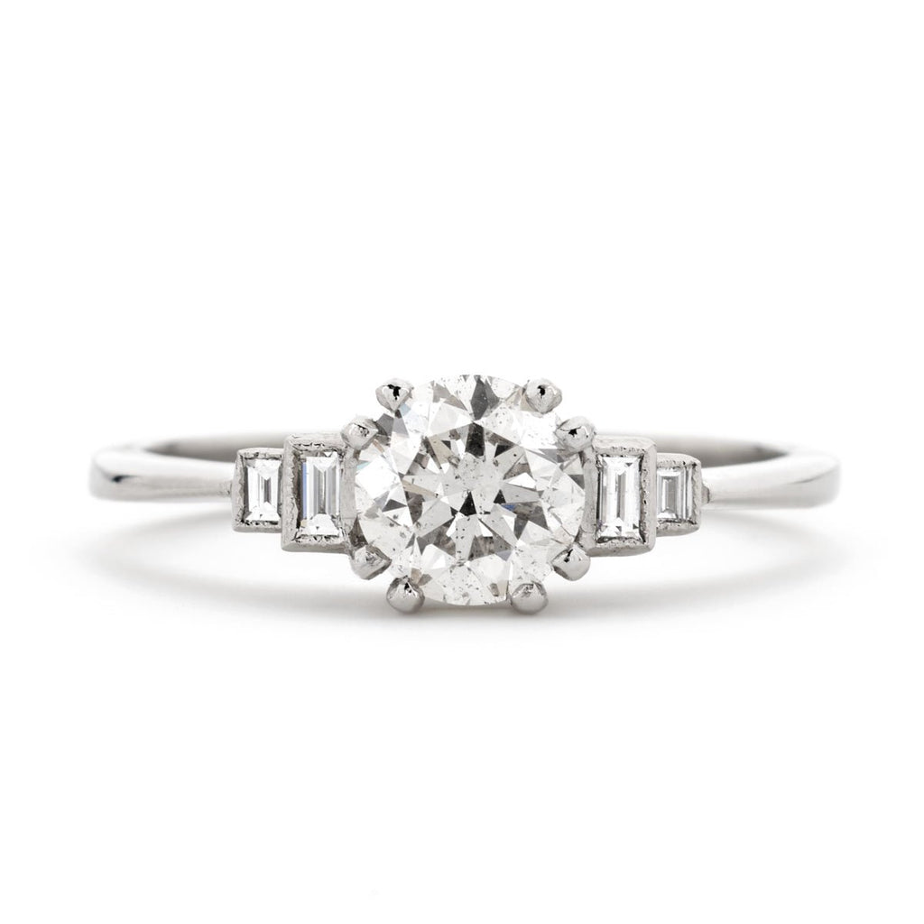 Art Deco Round Brilliant Cut Diamond 0.93ct I SI1 WGI Platinum Engagement Ring