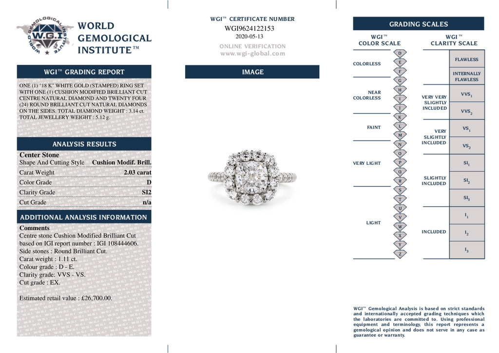 Cushion Cut Solitaire Diamond Ring 2.03ct D SI2 IGI 18K White Gold