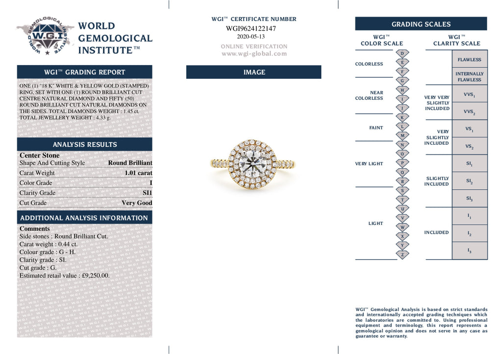 Round Brilliant Cut Solitaire Diamond Ring 1.01ct I SI1 WGI 18K Yellow And White Gold