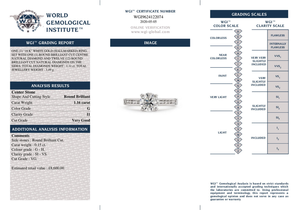Round Brilliant Cut Solitaire Diamond Ring 1.16ct G I1 WGI 18K White Gold