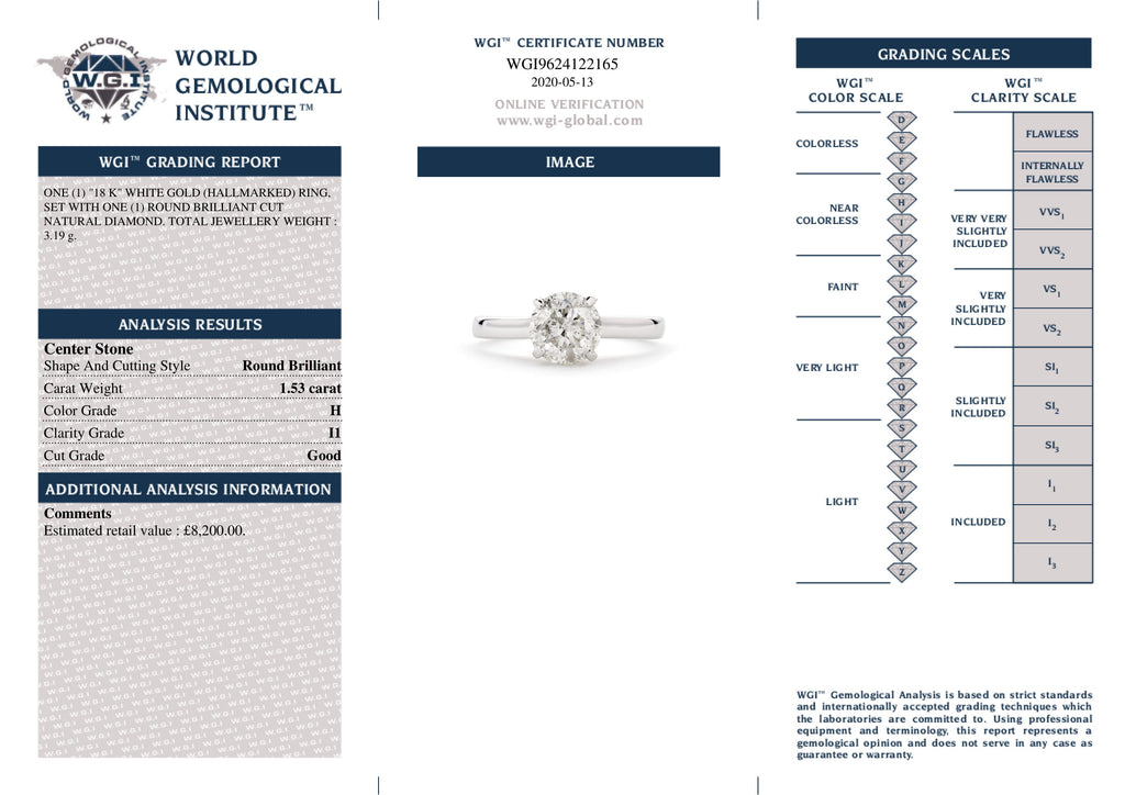 Round Brilliant Cut Solitaire Diamond Ring 1.53ct H I1 WGI 18K White Gold