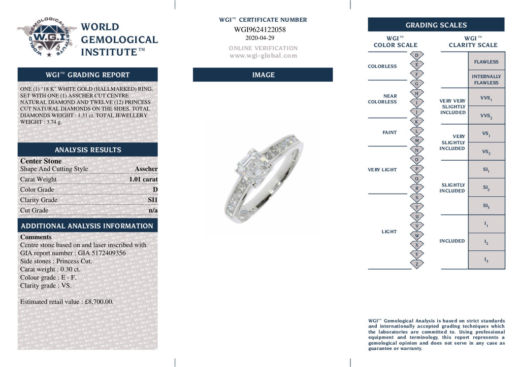 Asscher Cut Solitaire Diamond Ring 1.01ct D SI1 WGI 18K White Gold