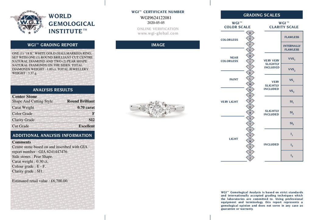 Round Brilliant Cut Solitaire Diamond Ring 0.7ct F SI2 WGI 18K White Gold