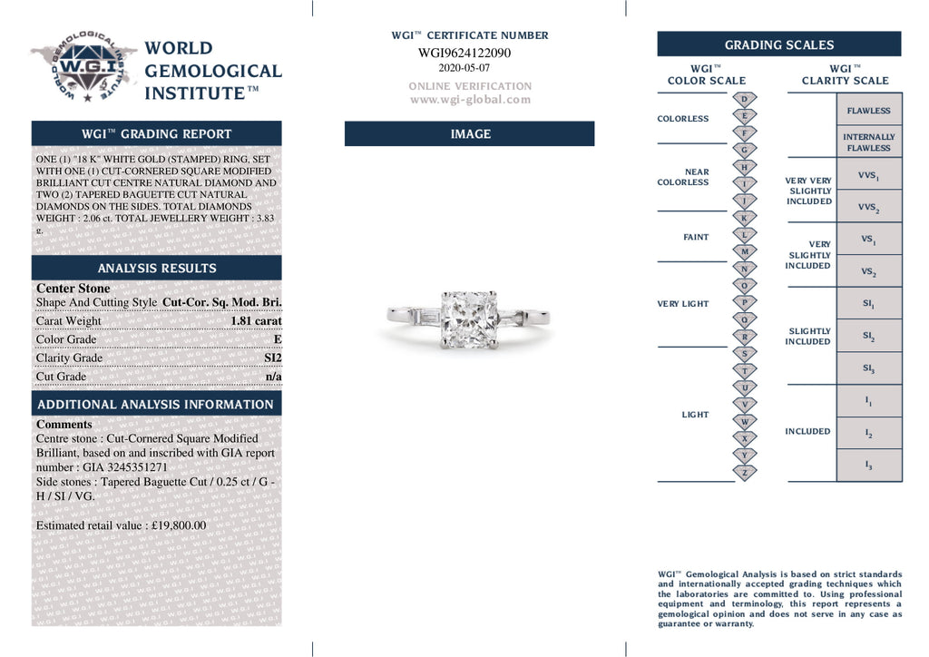Radiant Cut Solitaire Diamond Ring 1.81ct E SI2 WGI 18K White Gold