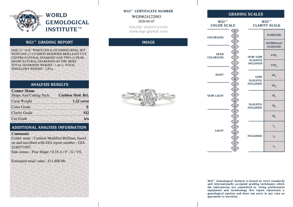 Cushion Cut Solitaire Diamond Ring 1.22ct E SI2 GIA 18K White Gold