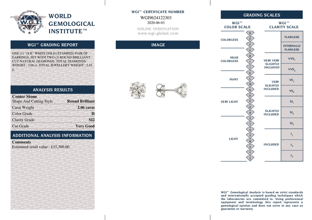 A pair of diamond Stud Earrings 2.06ct H SI2 WGI 18K white gold