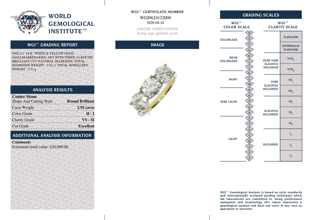 Round Brilliant Cut 3-stone Diamond Ring 2.92ct H-I VS-SI WGI 18K Yellow And White Gold