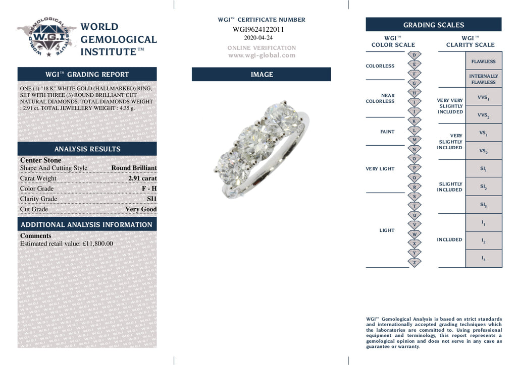 Round Brilliant Cut 3-stone Diamond Ring 2.91ct F-H SI1 WGI 18K White Gold