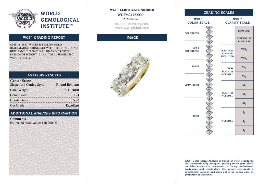 Large Three Stone Ring Diamond 3.11ct I/J VS2 WGI 18k Yellow/White Gold