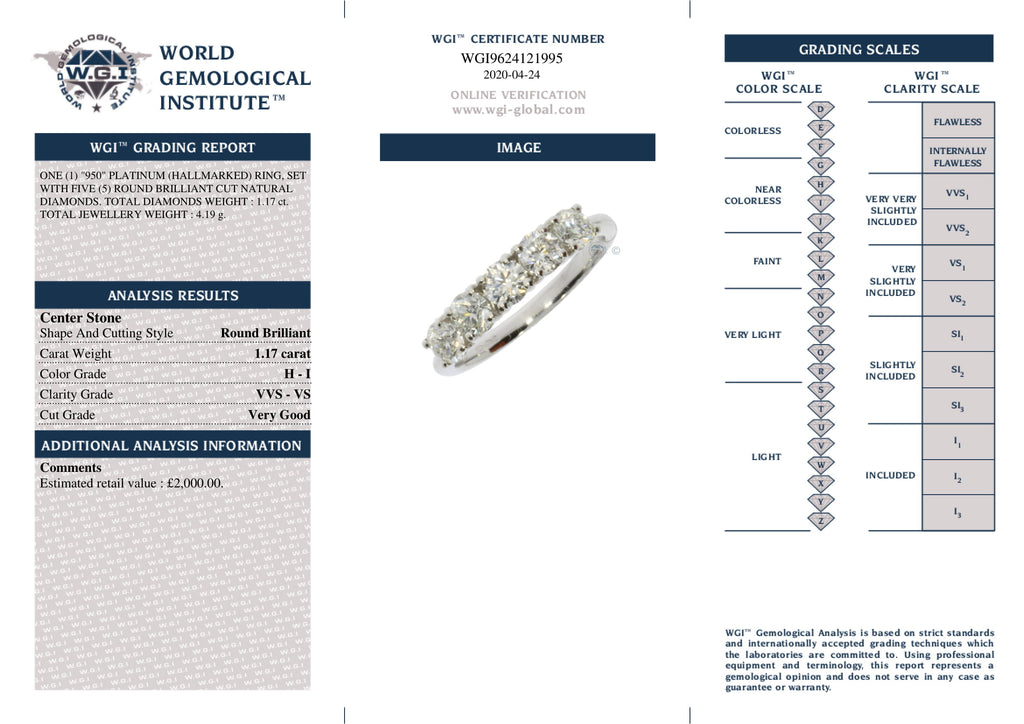 Round Brilliant Cut 5-stone Diamond Ring 1.17ct H-I VVS-VS WGI Platinum