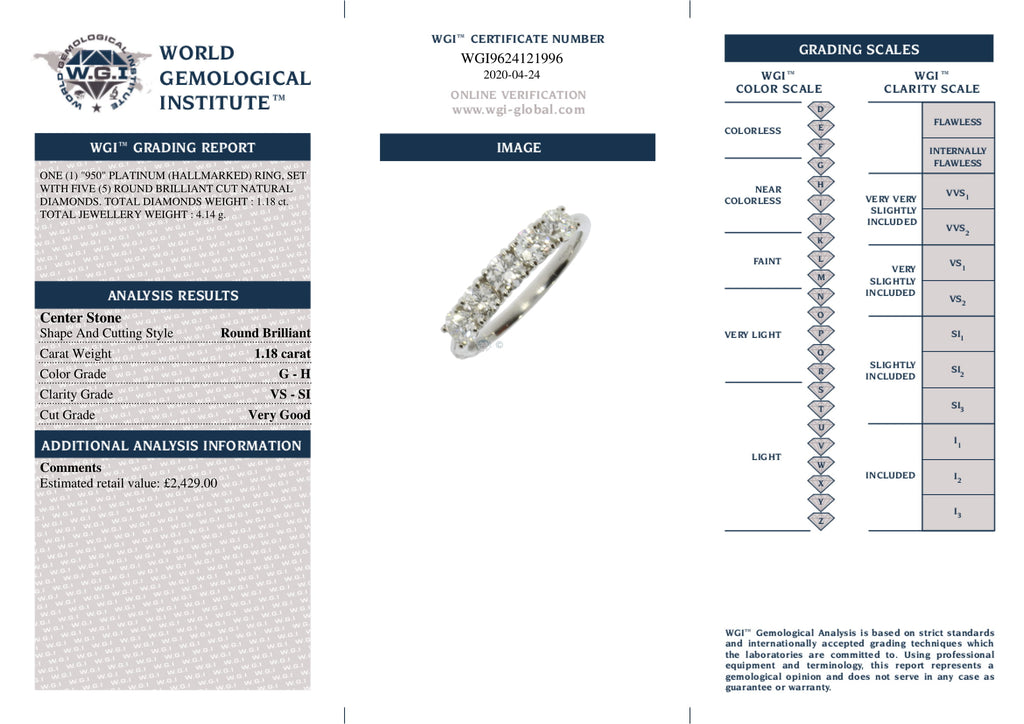 Round Brilliant Cut 5-stone Diamond Ring 1.18ct G-H VS-SI WGI Platinum