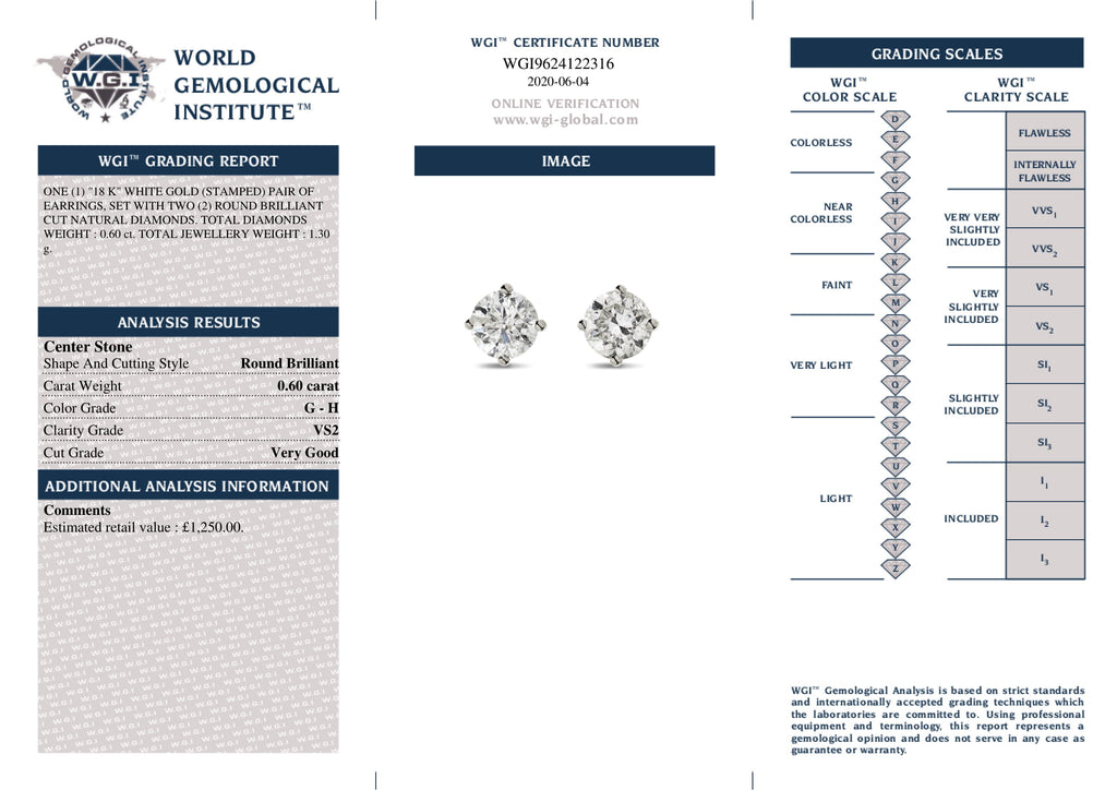 A pair of diamond Stud Earrings 0.60ct G-H VS2 WGI 18K white gold