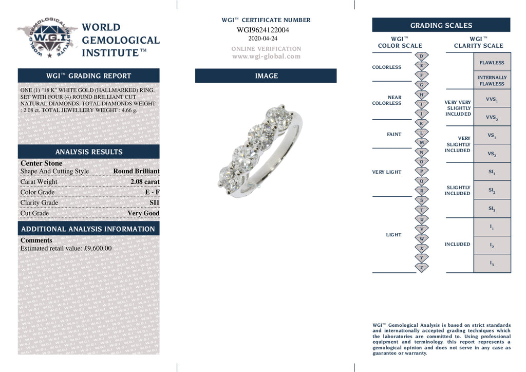 Round Brilliant Cut 4-stone Diamond Ring 2.08ct E-F SI1 WGI 18K White Gold