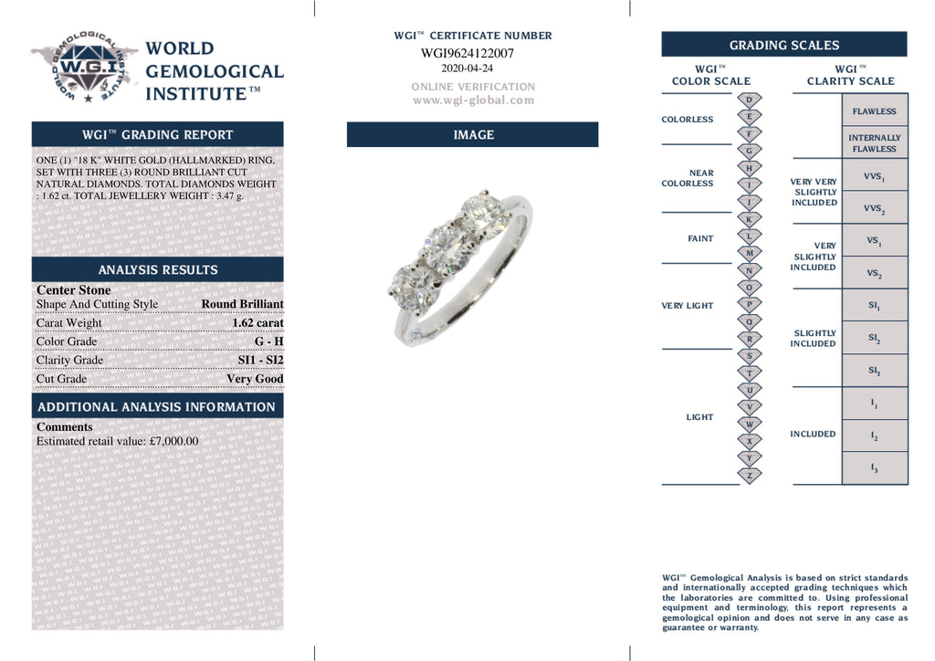 Round Brilliant Cut 3-stone Diamond Ring 1.62ct G-H SI1-SI2 WGI 18K White Gold