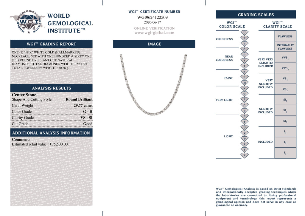 Diamond Necklace 29.77ct G-H VS-SI set in 18k white gold