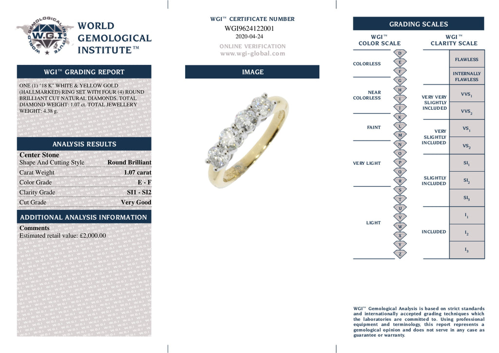 Round Brilliant Cut 4-stone Diamond Ring 1.07ct E-F SI1-SI2 WGI 18K Yellow And White Gold