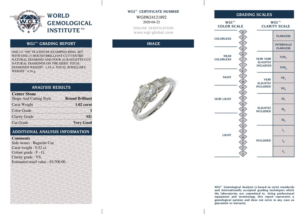 Art Deco Round Brilliant Cut Diamond 1.02ct I SI1 WGI Platinum Engagement Ring