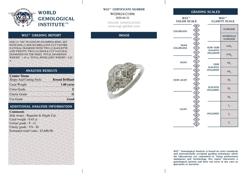 Art Deco Round Brilliant Cut Diamond 1.00ct E I1 WGI Platinum Ring