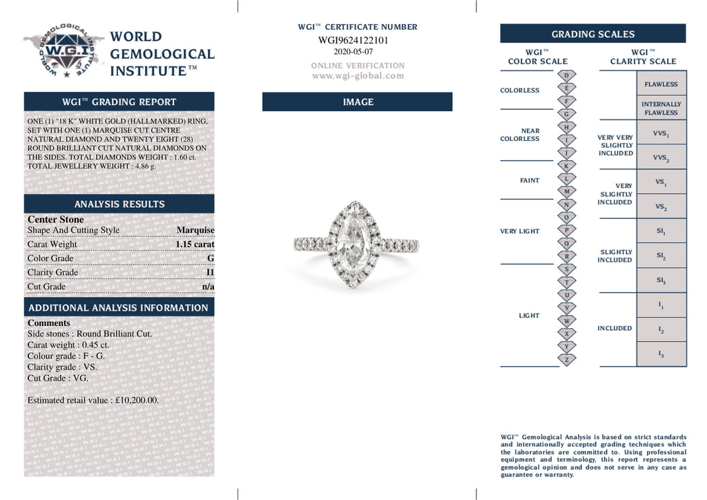 Marquise Cut Solitaire Diamond Ring 1.15ct G I1 WGI 18K White Gold