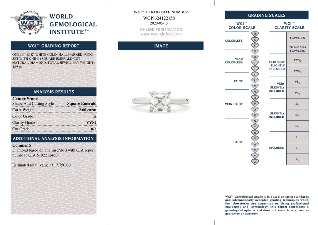 Square Emerald Cut Solitaire Diamond Ring 2ct K VVS2 GIA 18K White Gold