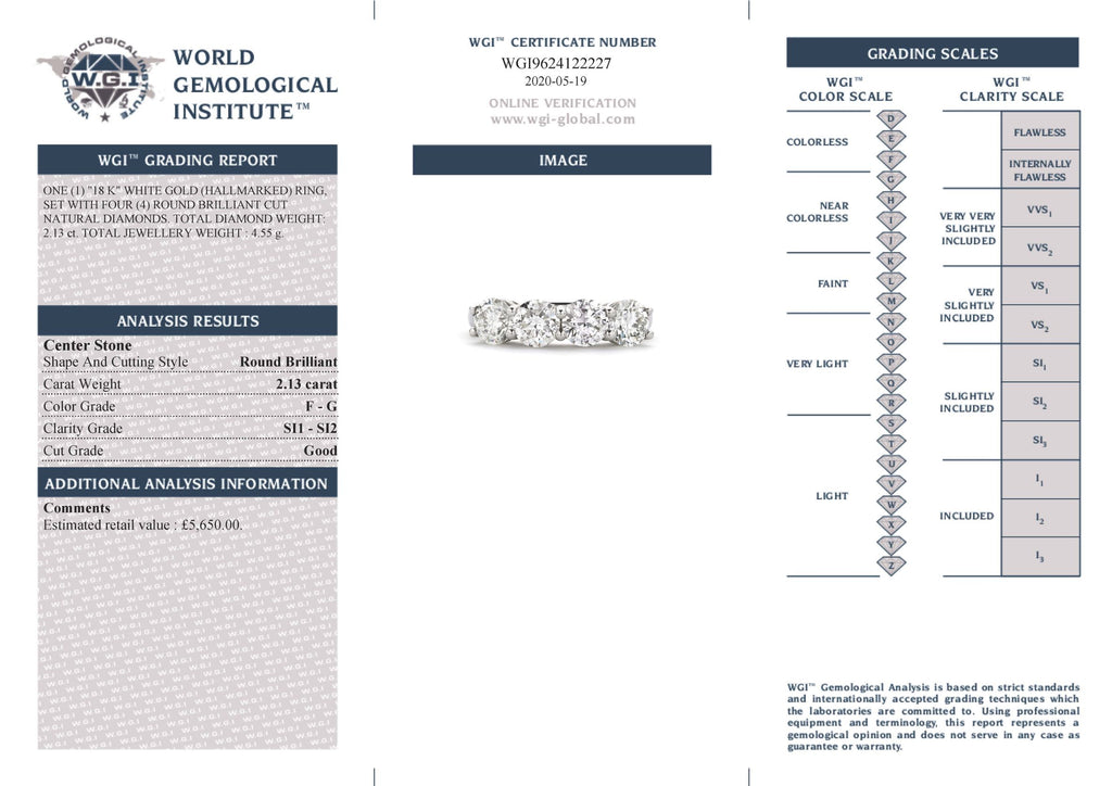 Round Brilliant Cut 4-stone Diamond Ring 2.13ct F-G SI1-SI2 WGI 18K White Gold