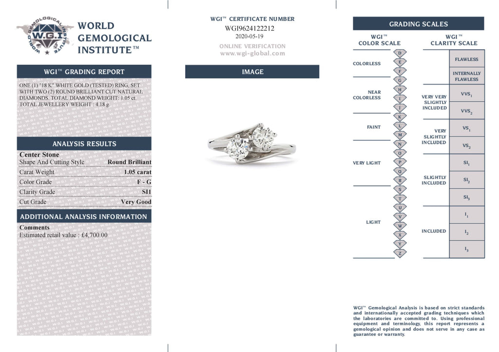 Round Brilliant Cut 2-stone Diamond Ring 1.05ct F-G SI1 WGI 18K White Gold