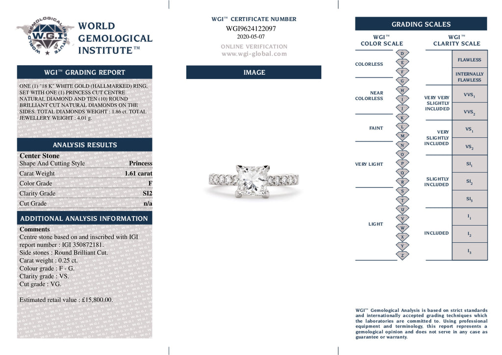 Princess Cut Solitaire Diamond Ring 1.61ct F SI2 IGI 18K White Gold
