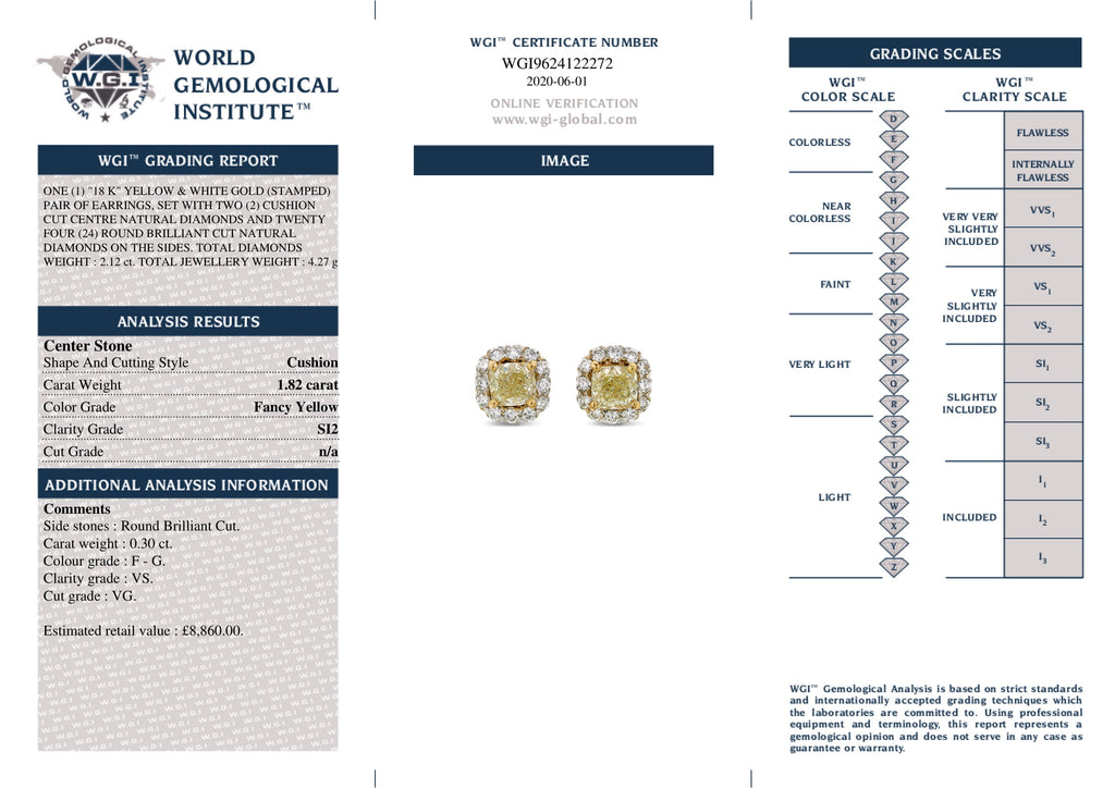 A pair of diamond cushion cut halo Stud Earrings 1.82CT NATURAL FANCY YELLOW SI2 WGI 18K white gold