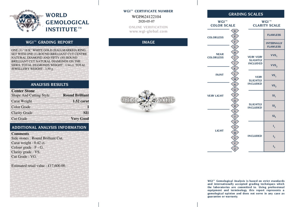 Round Brilliant Cut Solitaire Diamond Ring 1.52ct I SI1 WGI 18K White Gold