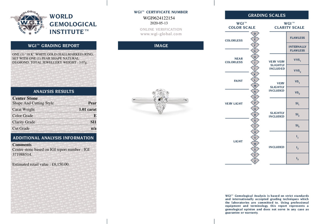 Pear-shape Solitaire Diamond Ring 1.01ct E SI1 IGI 18K White Gold