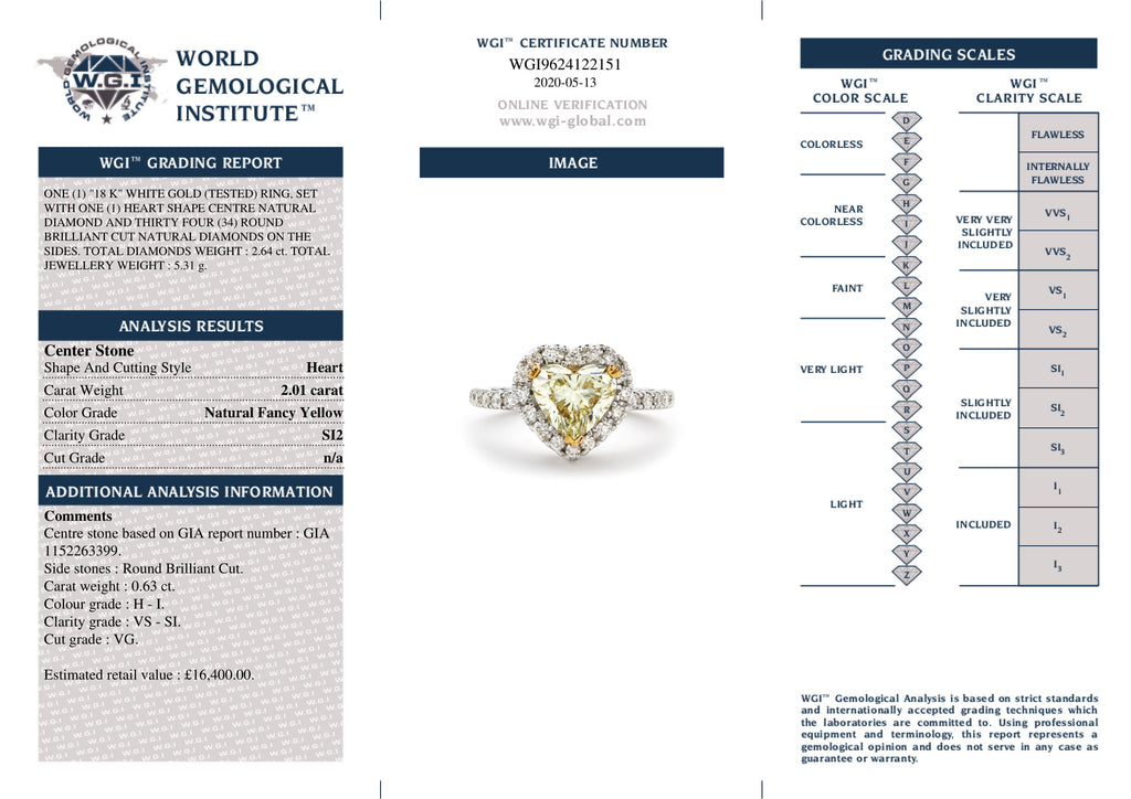 Heart-shape Solitaire Diamond Ring 2.01ct NATURAL FANCY YELLOW SI2 GIA 18K White Gold