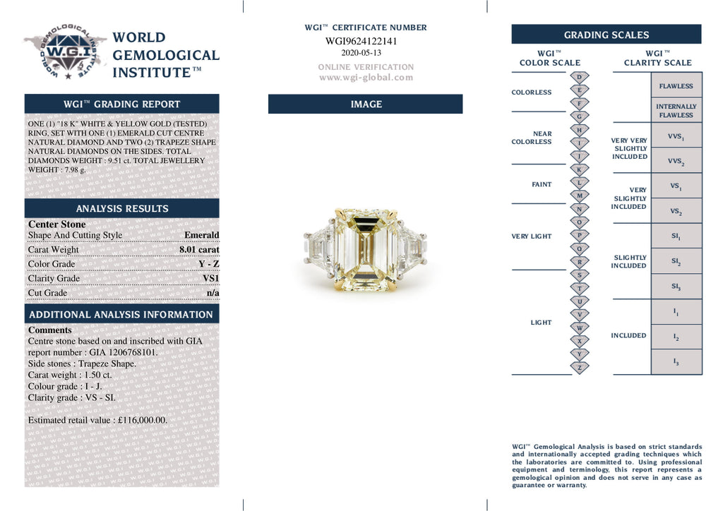 Emerald Cut Solitaire Diamond Ring 8.01ct Y-Z VS1 GIA 18K Yellow And White Gold