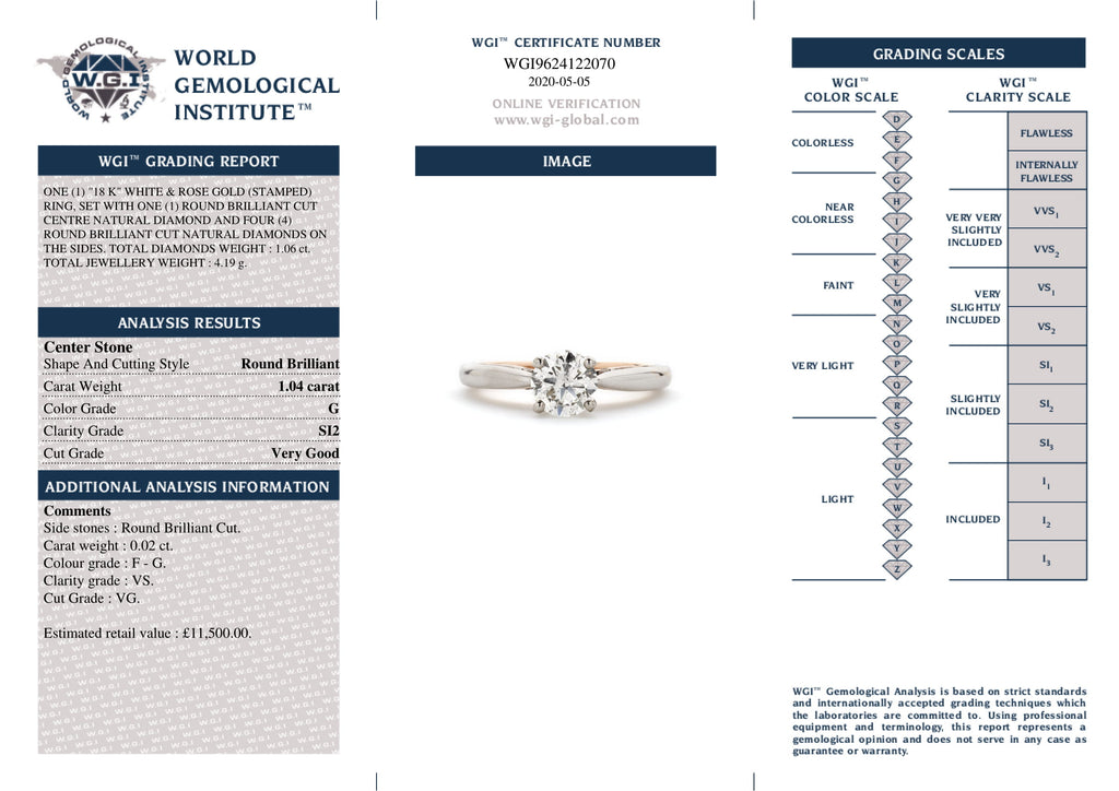Round Brilliant Cut Solitaire Diamond Ring 1.04ct G SI2 WGI 18K Rose And White Gold