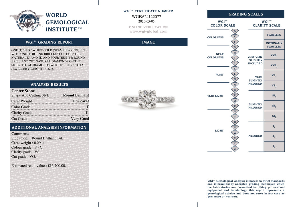 Round Brilliant Cut Solitaire Diamond Ring 1.52ct F I1 WGI 18K White Gold